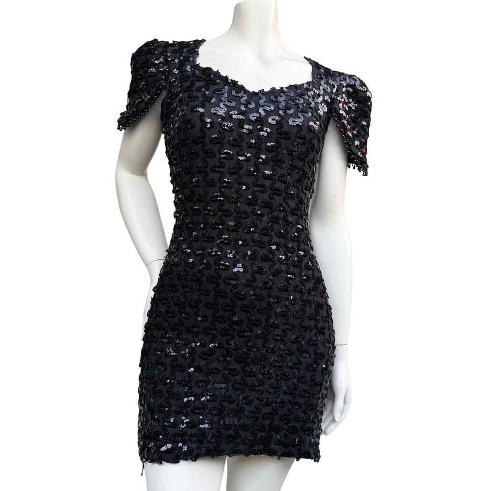 Vintage Sequin Mini Dress Open Back Beaded Trim 80s 90s Cocktail Party Black S‎